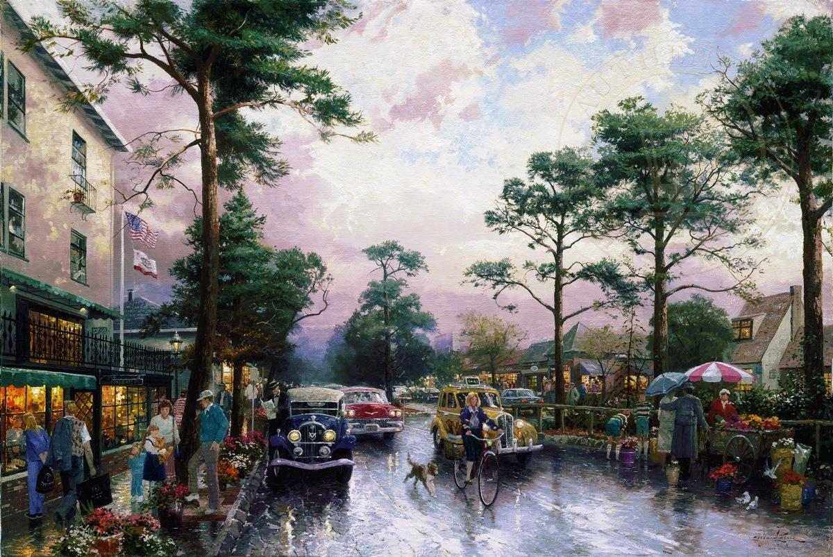 Carmel Ocean Avenue un après midi pluvieux Thomas Kinkade Peintures à l'huile